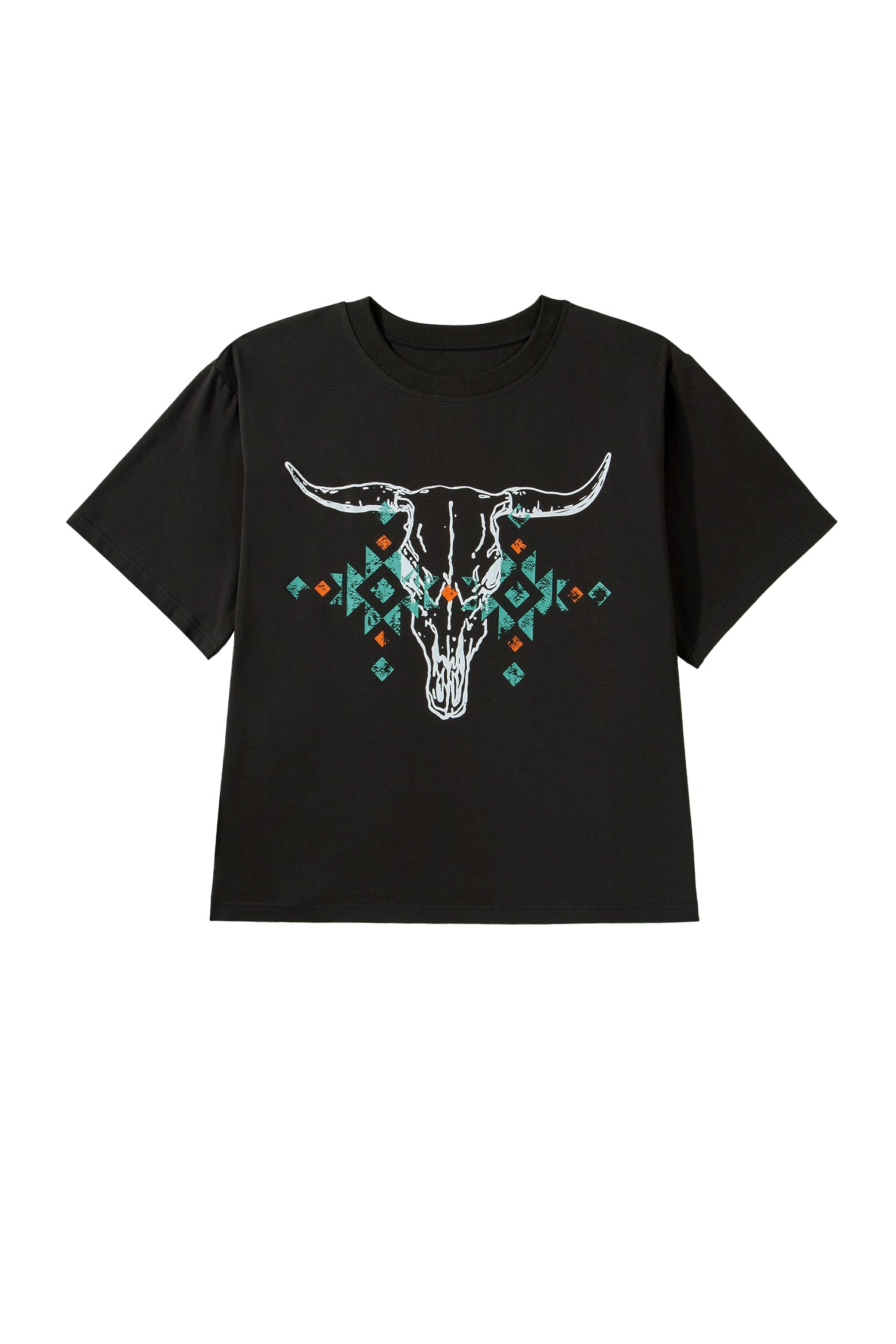 Carbon Grey Plus Size Western Aztec Bull Skull Printed T Shirt
