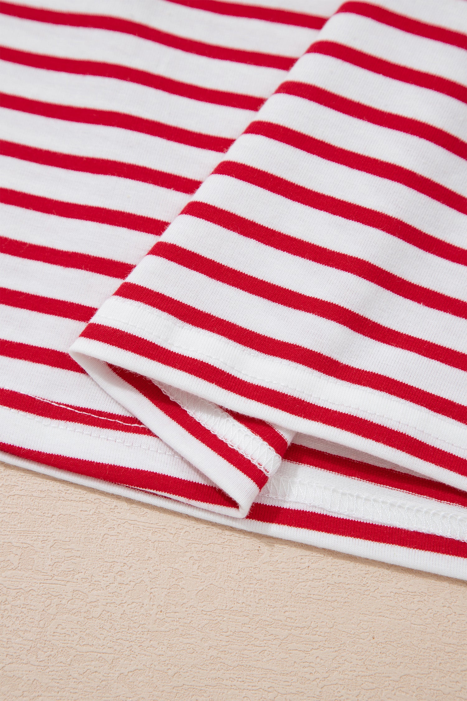 Red Stripe Floral Puff Sleeve Patchwork Round Neck Loose Top