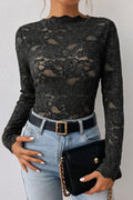 Black Elegant Stand Neck Lace Long Sleeve Top