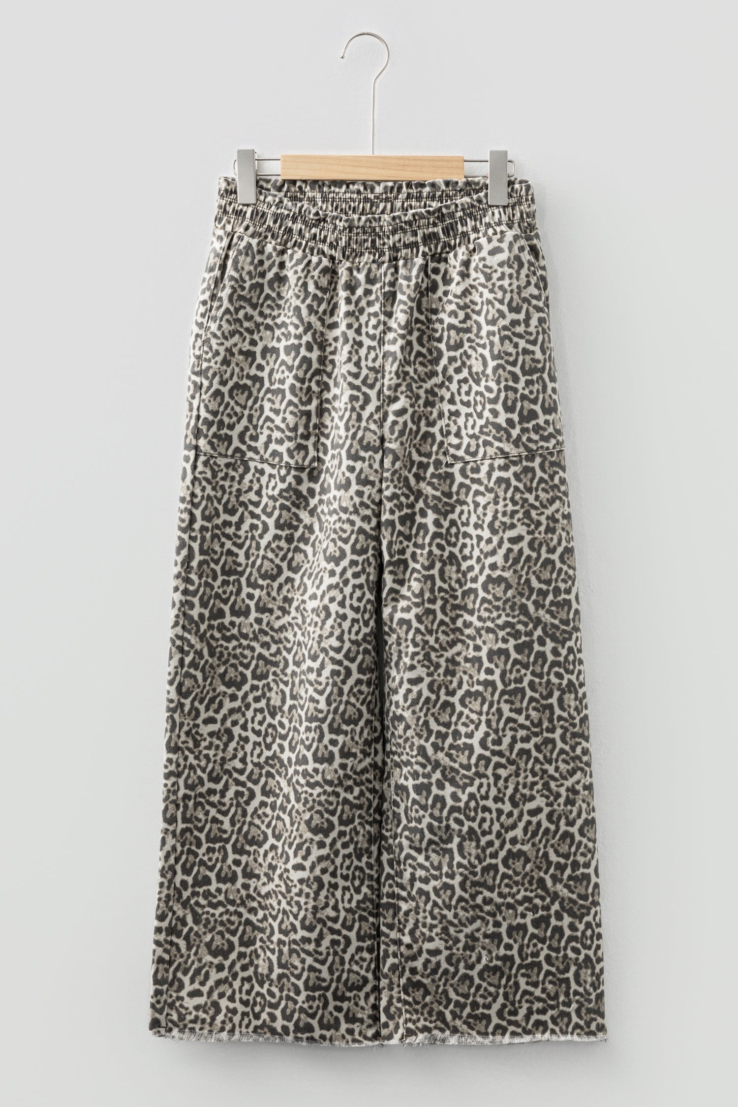 Brown Leopard Print Raw Hem Elastic Waist Loose Pull On Jeans