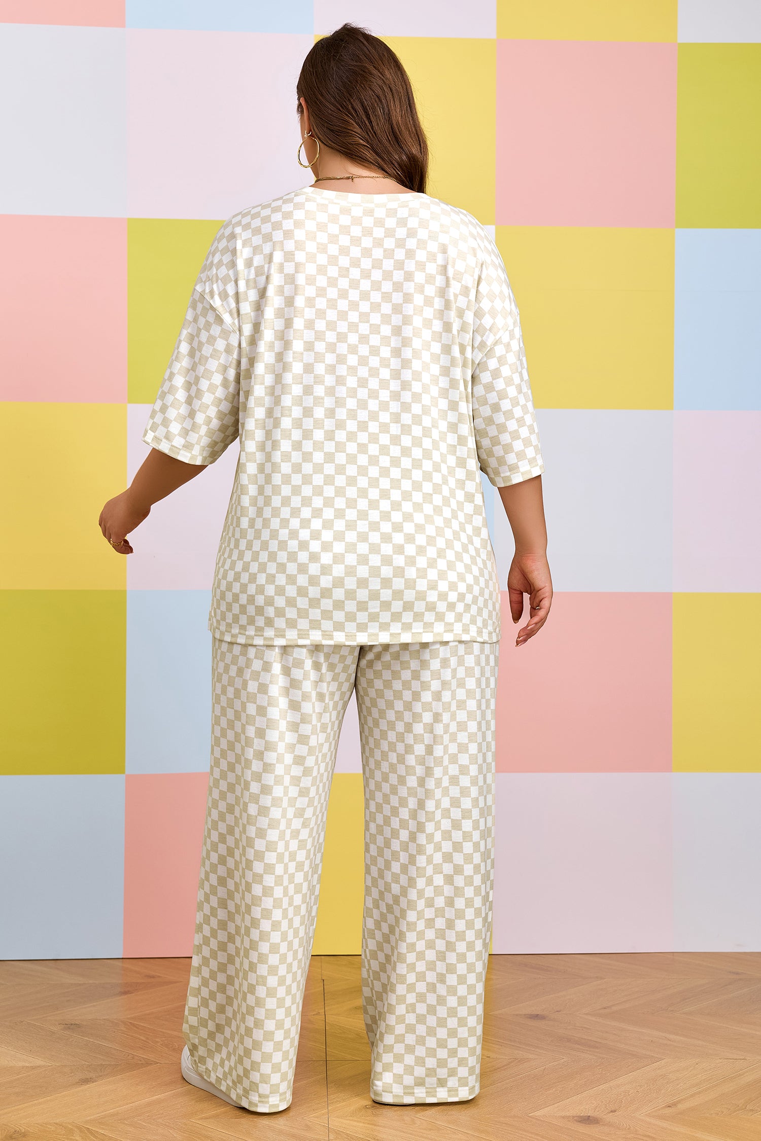 Khaki Plus Size Checkered Print Half Sleeve Tee Loose Pants Two-piece Lounge Set