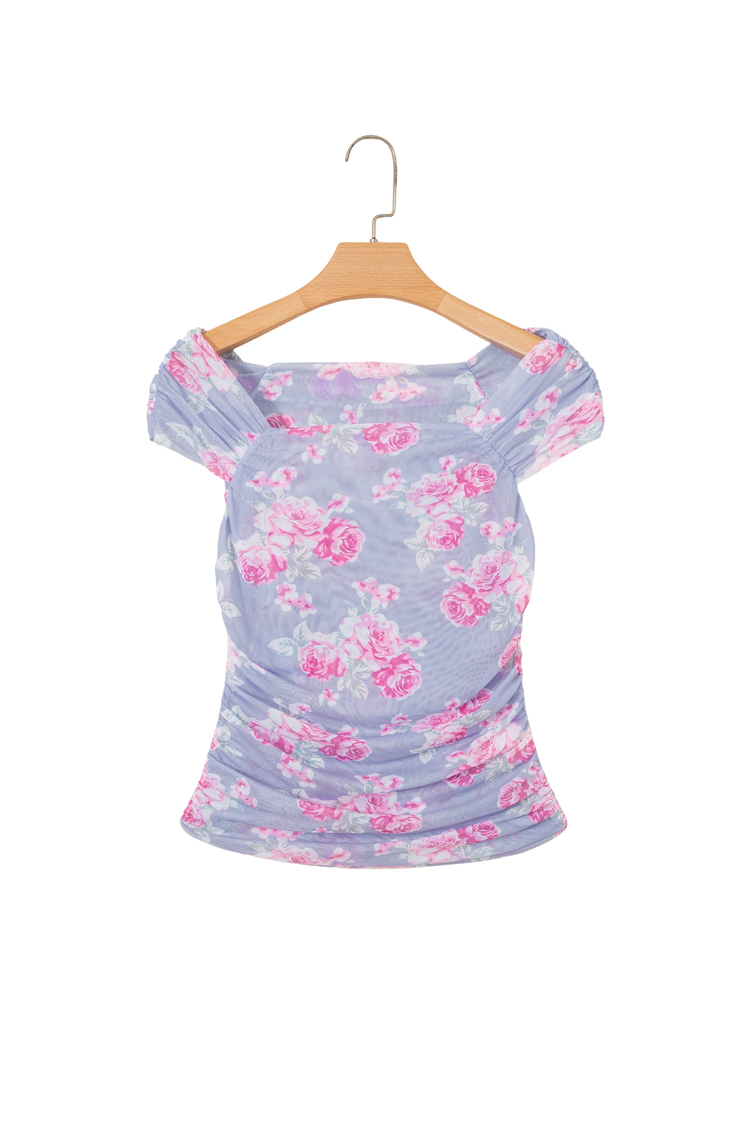 Sky Blue Square Neck Cap Sleeve Ruched Floral Mesh Top