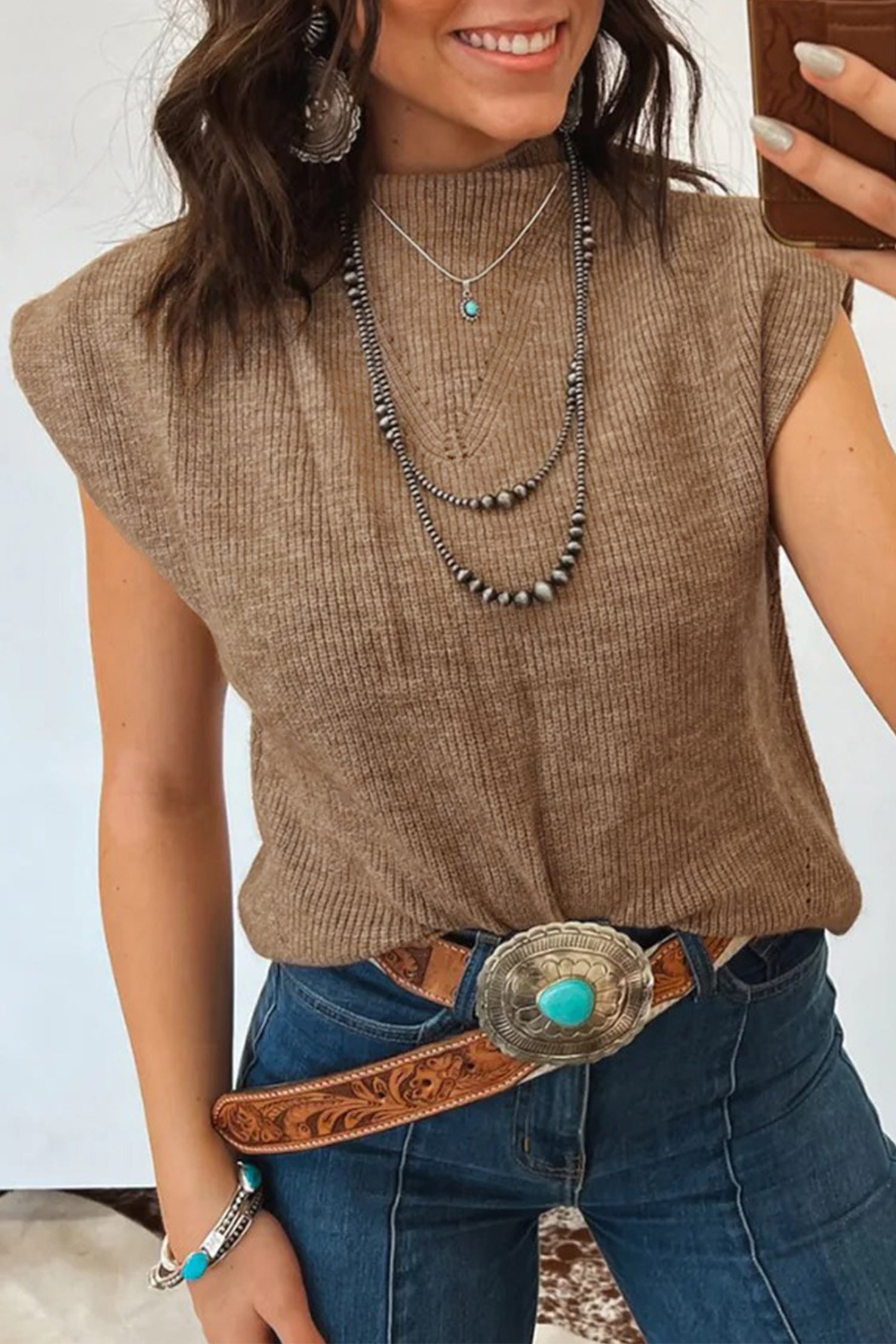 Light French Beige Solid Color Ribbed Knit Mock Neck Loose Sleeveless Sweater