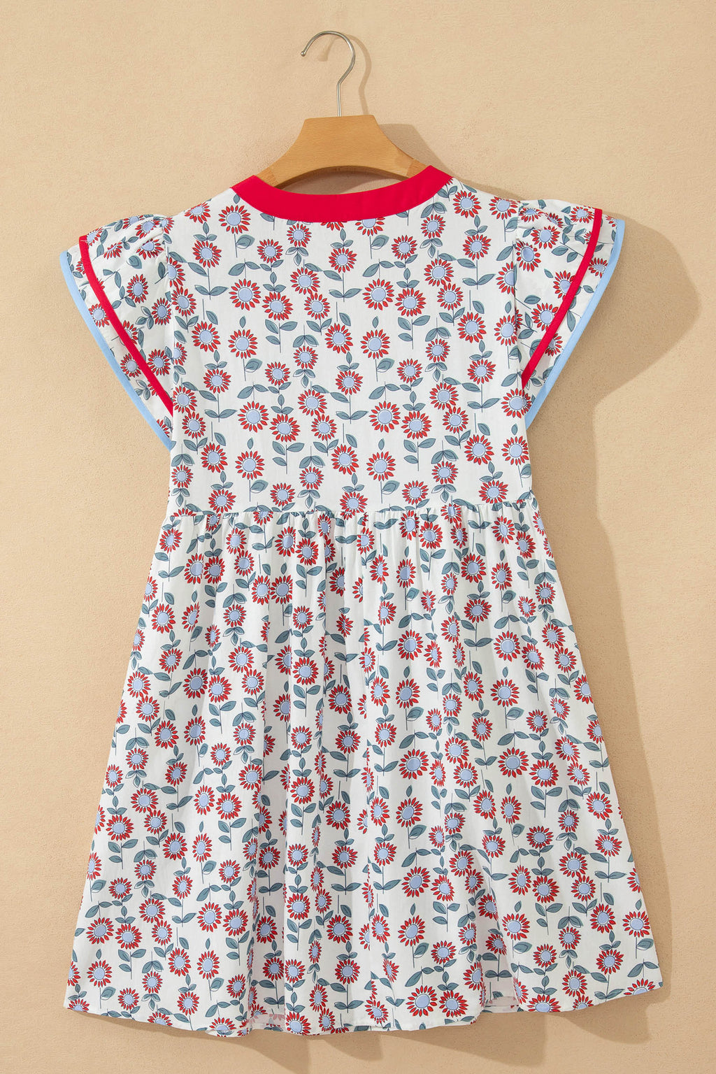 Red Floral Print Contrast Trim Flutter Sleeve Mini Dress
