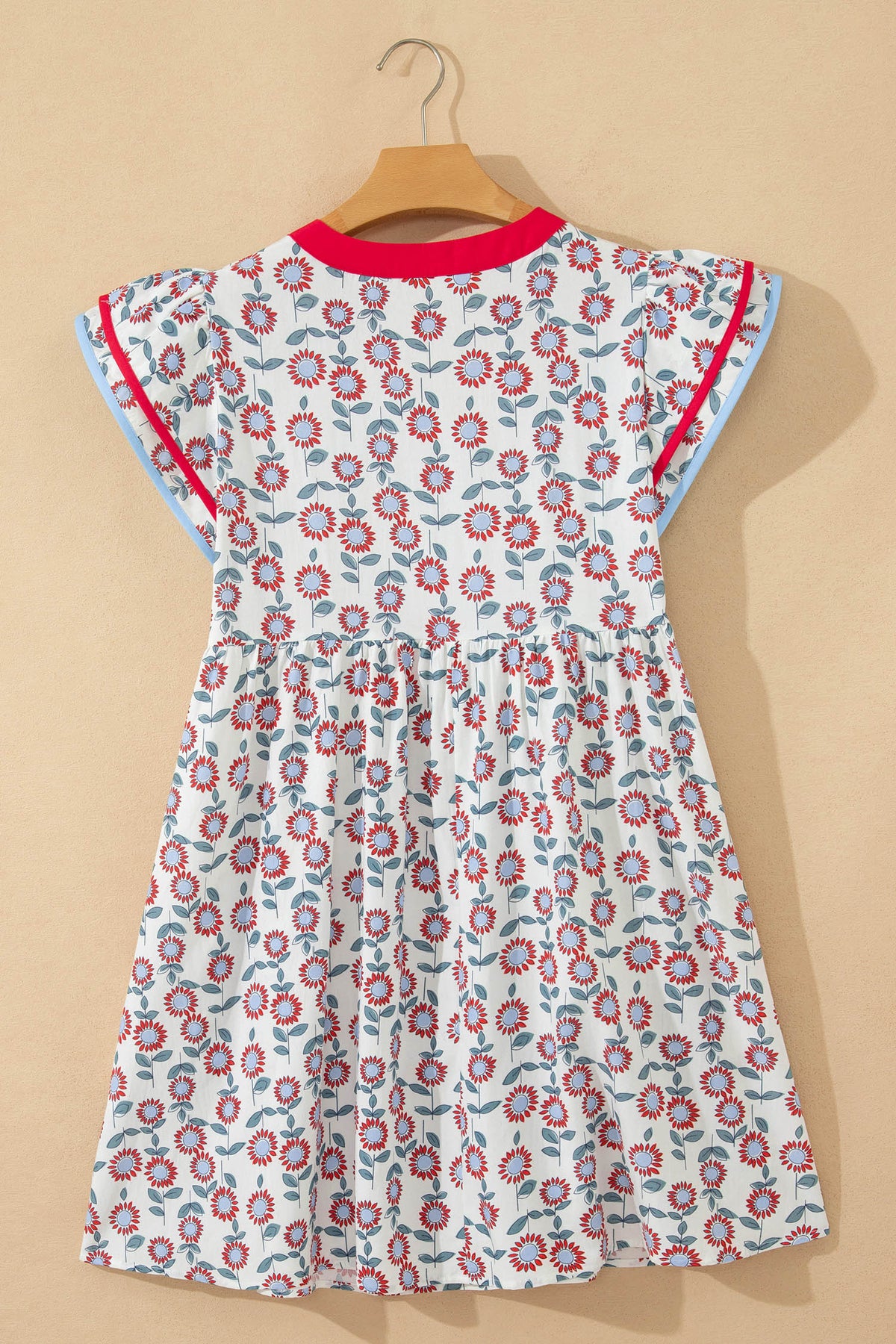 Red Floral Print Contrast Trim Flutter Sleeve Mini Dress