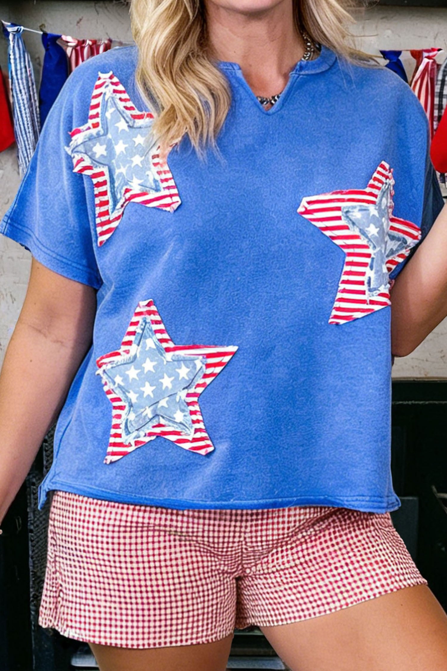 Sky Blue Patriot Star Patched Notched Neck Mineral Washed Tee