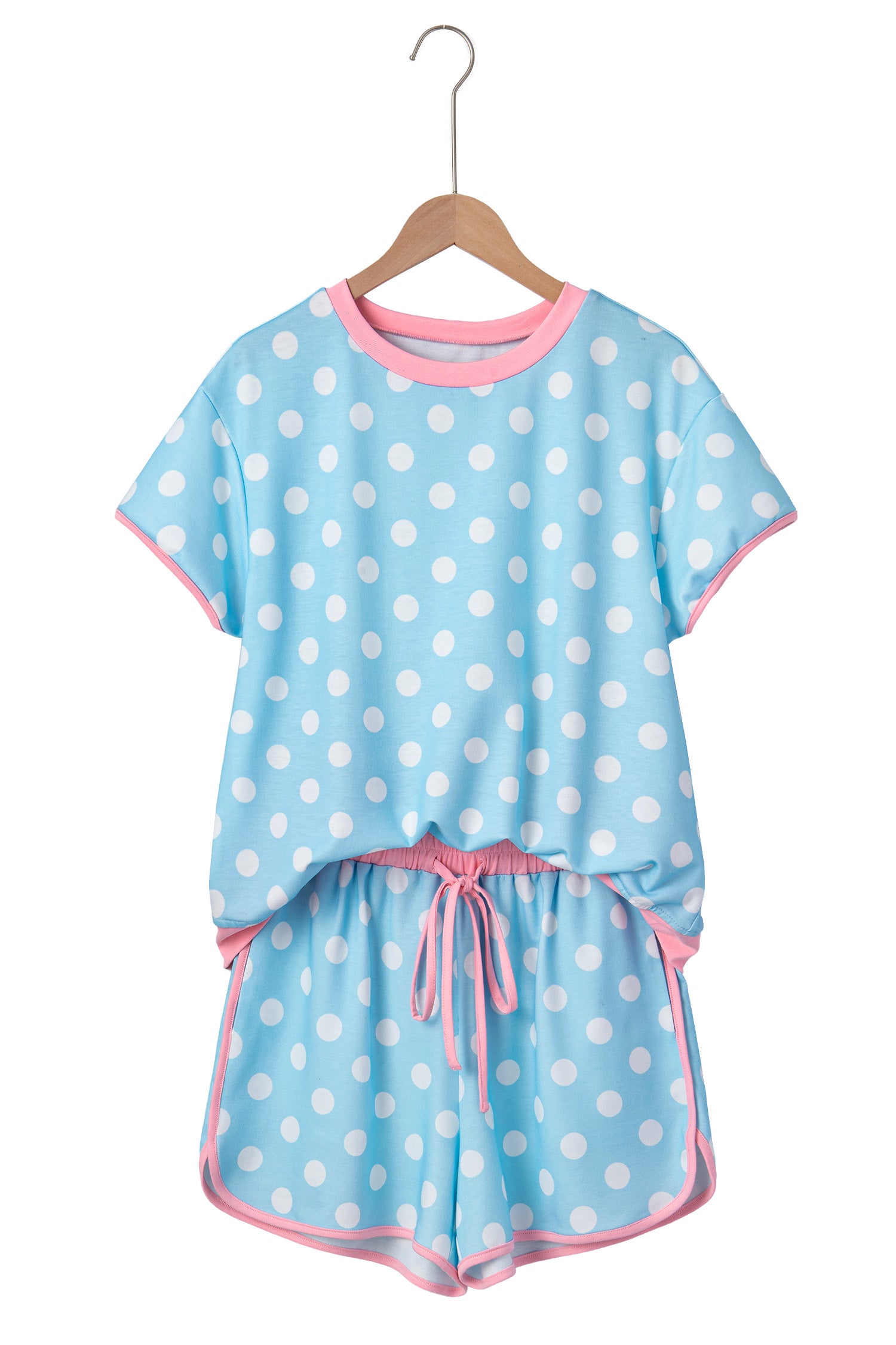 Sky Blue Polka Dot Contrast Edge Casual Short Set