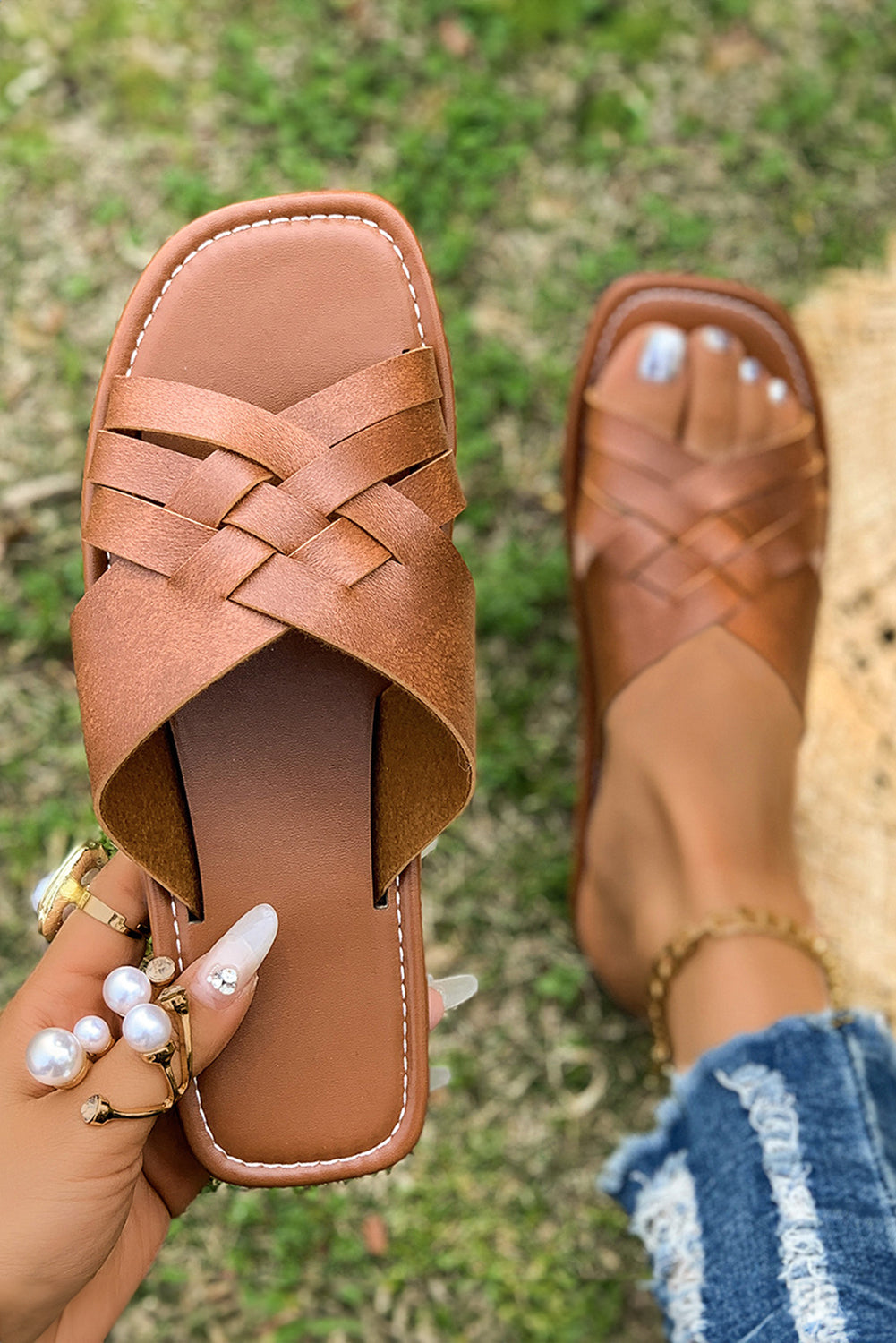 Coffee Crossed Woven Faux Leather Flat Fashion Slippers