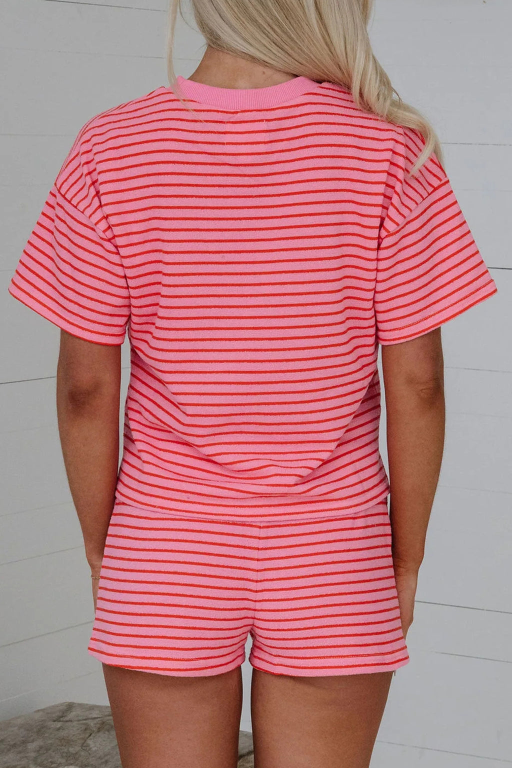 Rose Stripe Side Split Knit Tee Drawstring Shorts Set