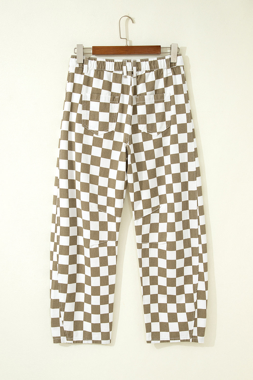 White Checkered Print Denim Barrel Pants