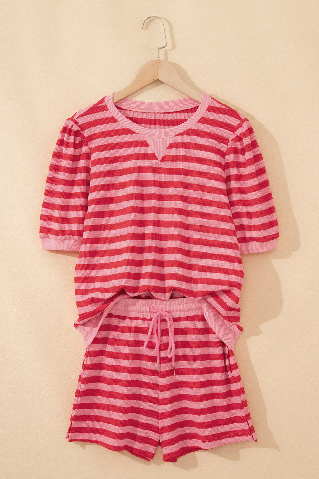 Red Stripe Puff Short Sleeve T Shirt Matching Shorts Set