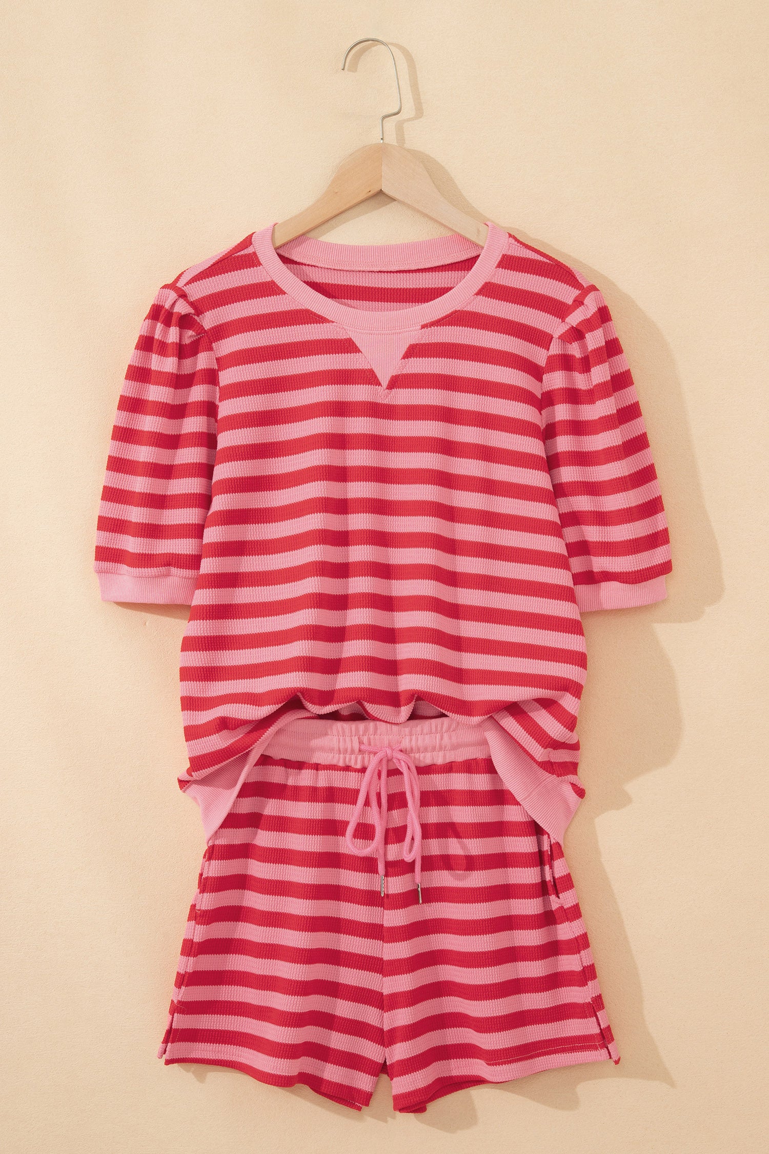 Red Stripe Puff Short Sleeve T Shirt Matching Shorts Set