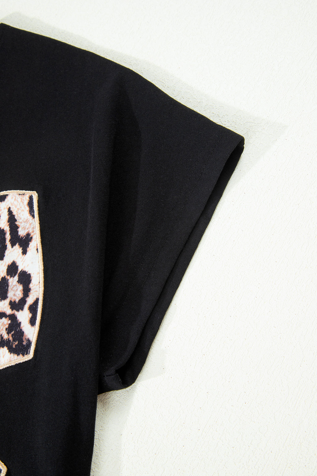 Black Leopard Bow Embroidered Cotton Round Neck T Shirt