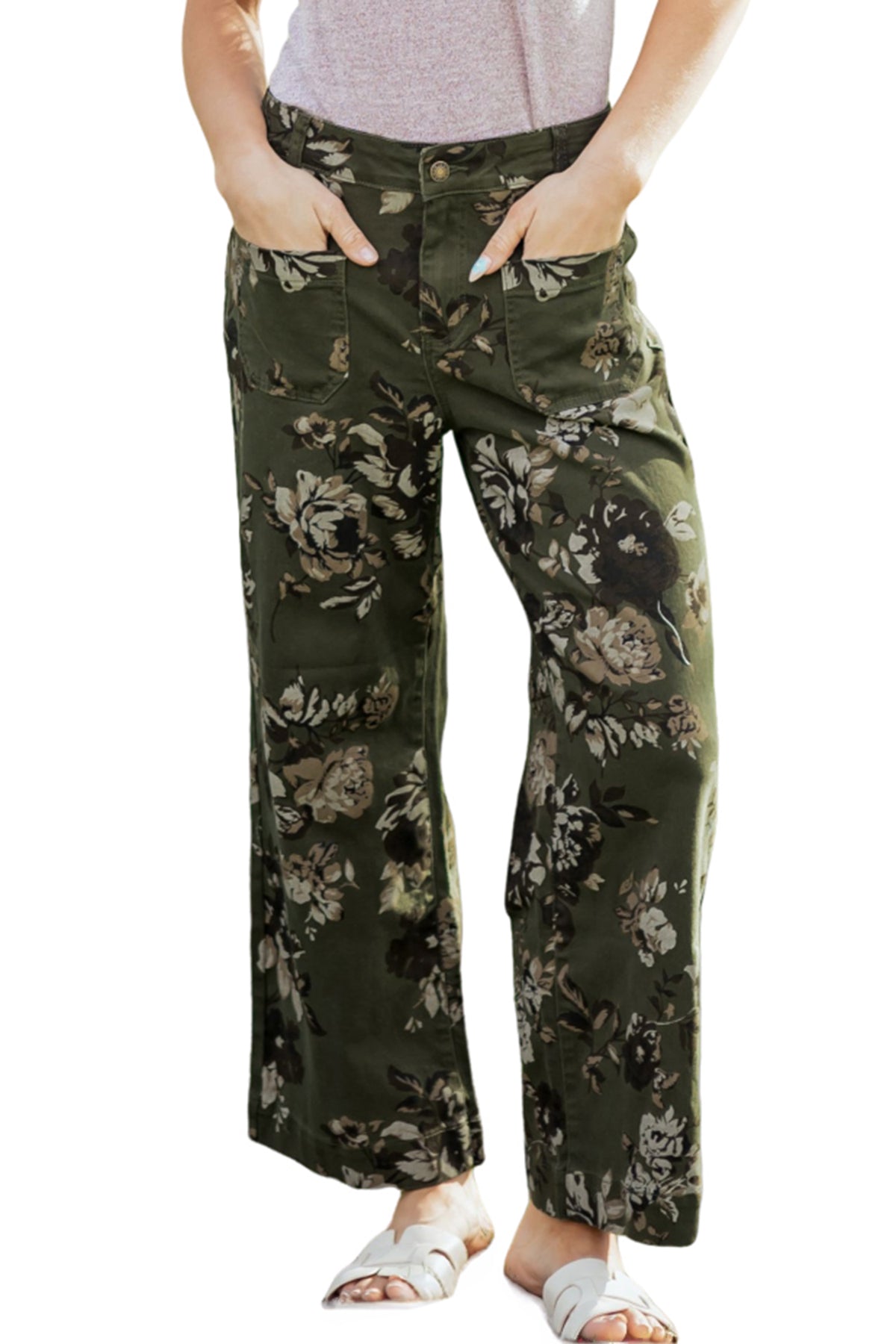 Green Vintage Floral Print Square Patch Pocket Raw Hem Shift Jeans