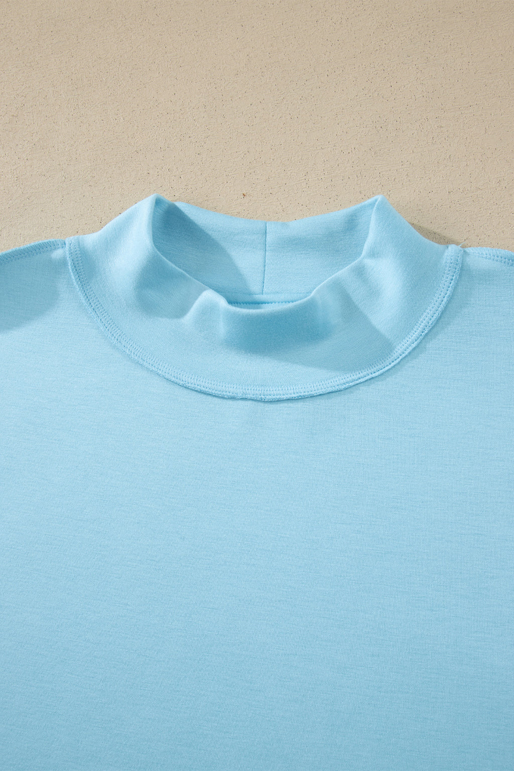 Mist Blue Solid Color Exposed Seam Mock Neck Oversize Tee Casual Shorts 2pcs Outfit