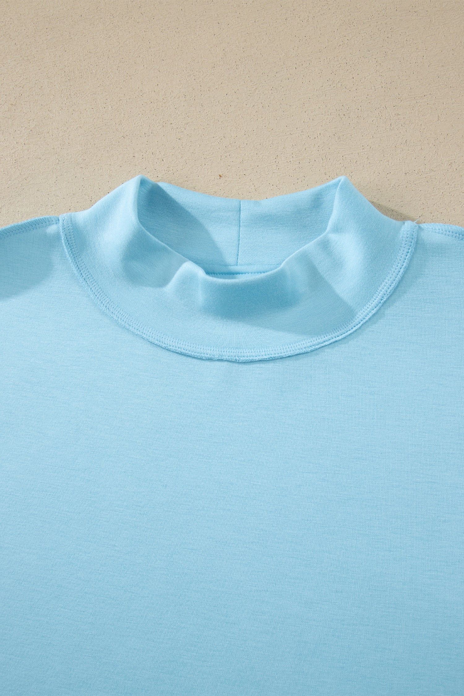 Mist Blue Solid Color Exposed Seam Mock Neck Oversize Tee Casual Shorts 2pcs Outfit