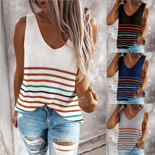 Sweater Knitted Vest T Shirt Women New Multicolor Striped V Neck Pullover Blouse