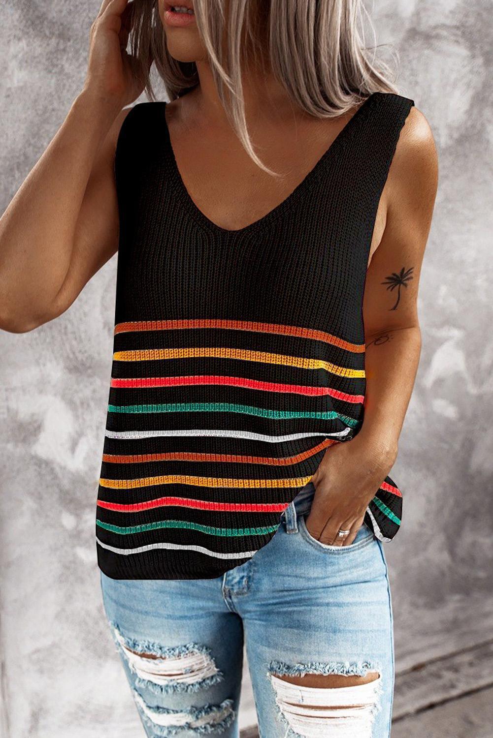Sweater Knitted Vest T Shirt Women New Multicolor Striped V Neck Pullover Blouse