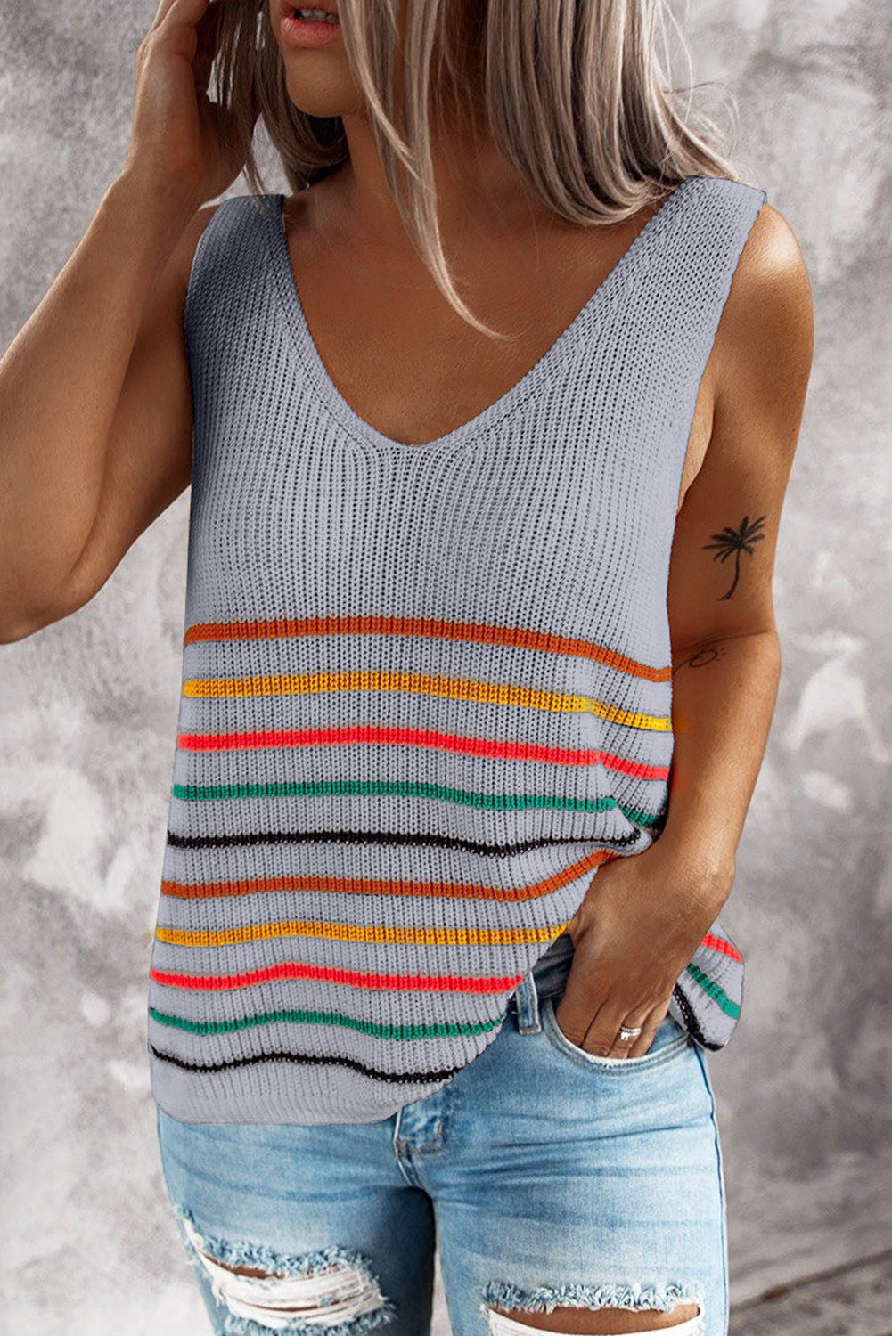 Sweater Knitted Vest T Shirt Women New Multicolor Striped V Neck Pullover Blouse