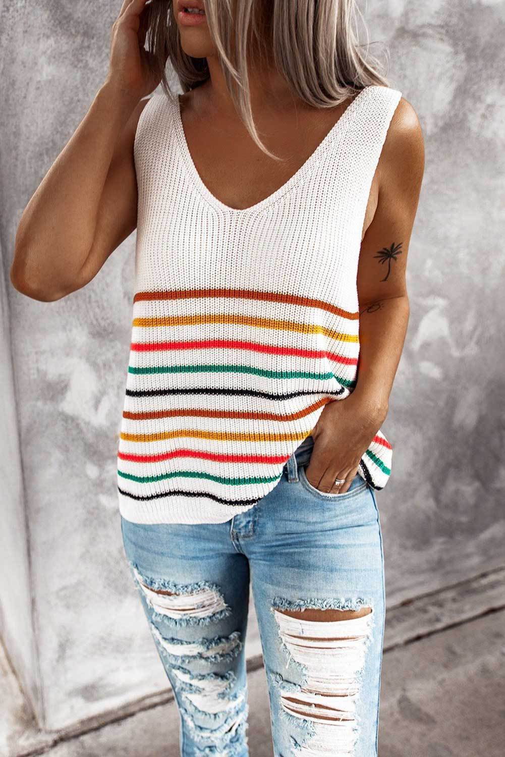 Sweater Knitted Vest T Shirt Women New Multicolor Striped V Neck Pullover Blouse
