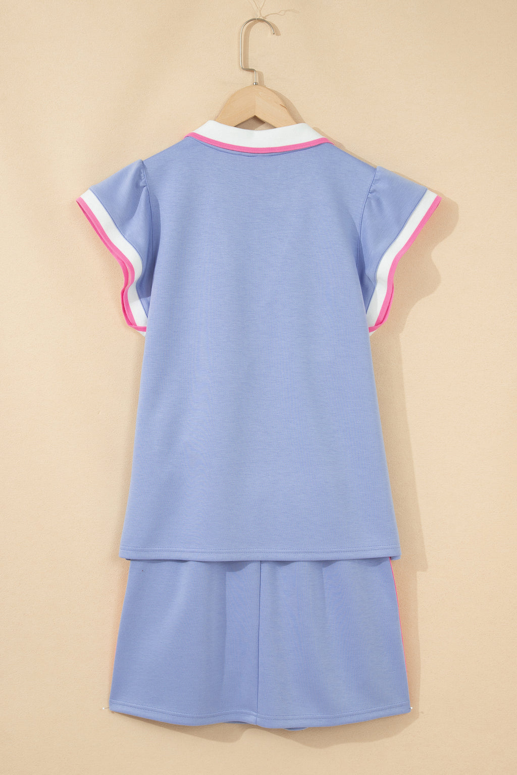 Sky Blue Preppy Striped Trim V Neck Polo Tee Drawstring Skirt Set