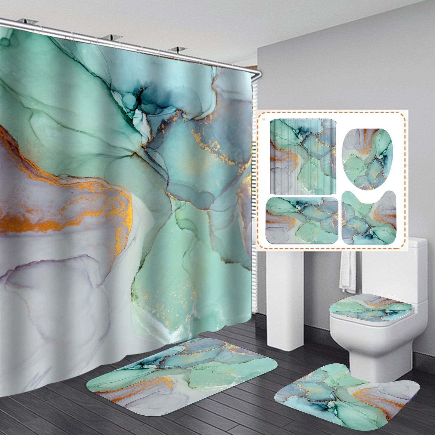 Beautiful Modern 3D Shower Curtains & Bathroom Set with Anti-Slip Soft Carpet Water Absorption Bathmat Rugs