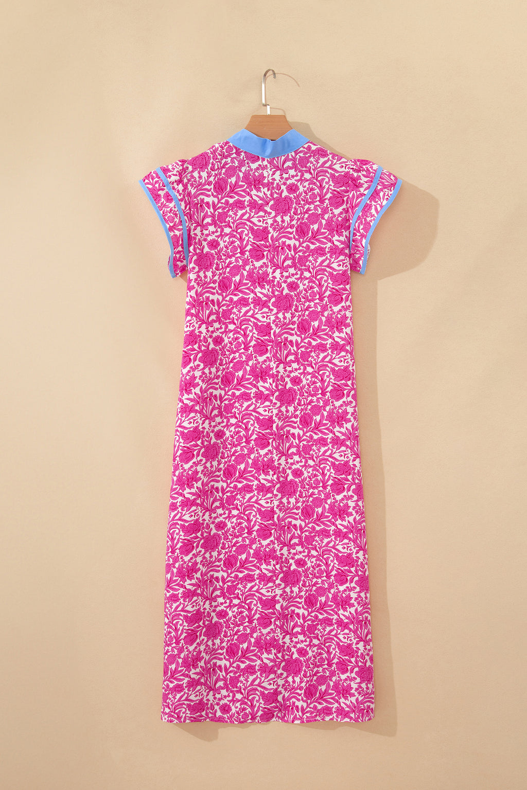 Pink Floral Print Color Block Patchwork V Neck Short Sleeve Midi Dress