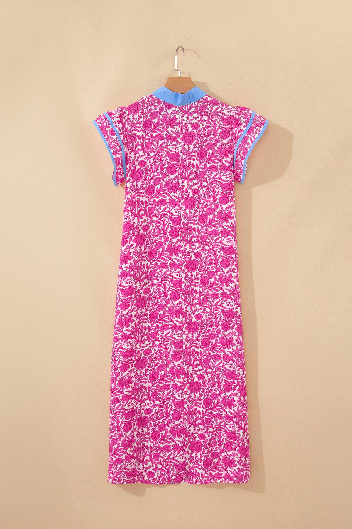 Pink Floral Print Color Block Patchwork V Neck Short Sleeve Midi Dress