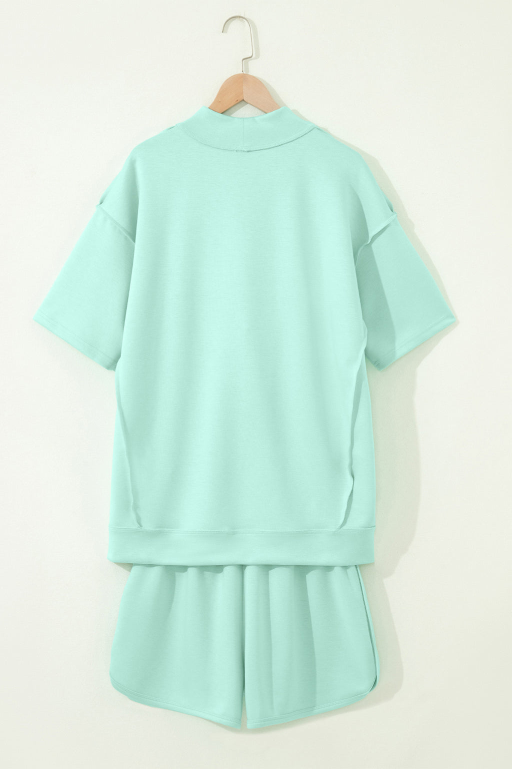 Moonlight Jade Solid Color Exposed Seam Mock Neck Oversize Tee Casual Shorts 2pcs Outfit