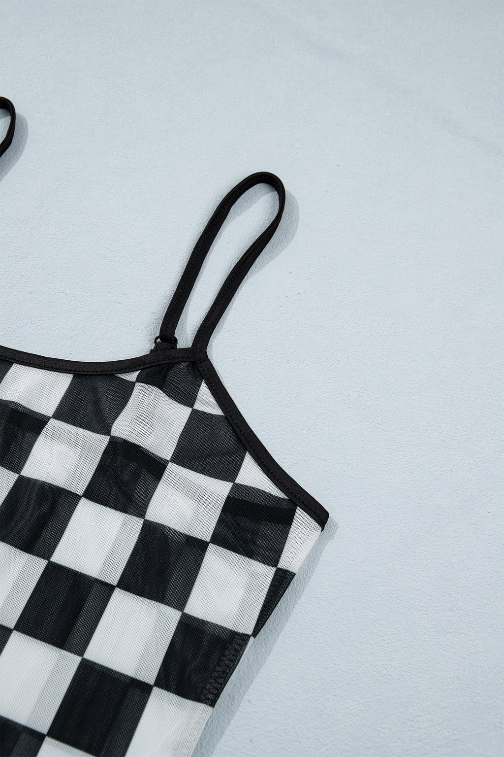 Black Sheer Checkered Print Spaghetti Straps Slim Tank Top