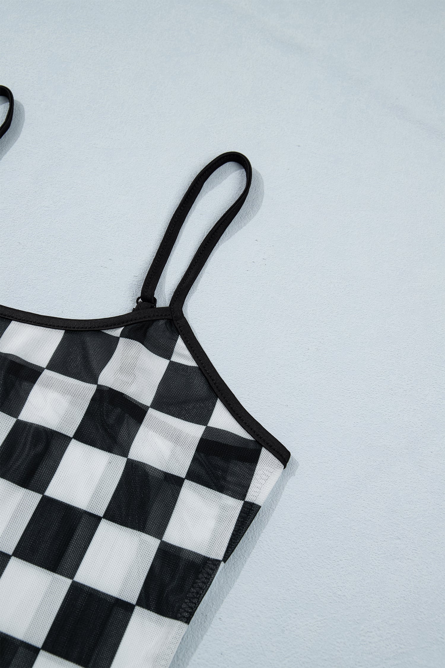 Black Sheer Checkered Print Spaghetti Straps Slim Tank Top
