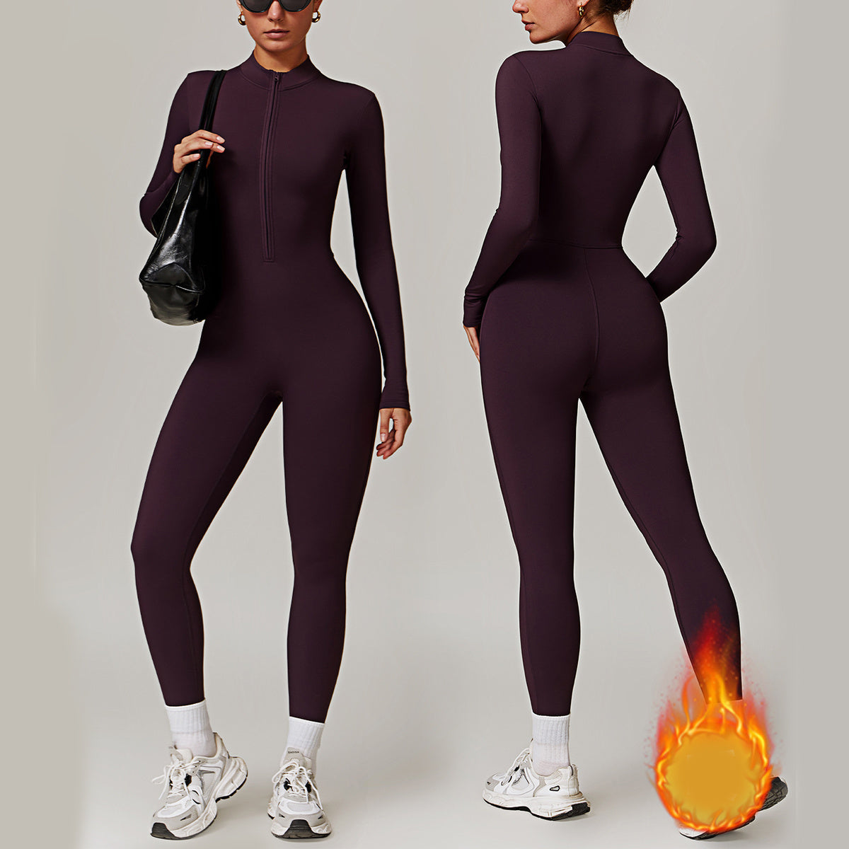 Warm Zipper Long-Sleeved Jumpsuit Yoga Fitness Sports Pants Bodysuit