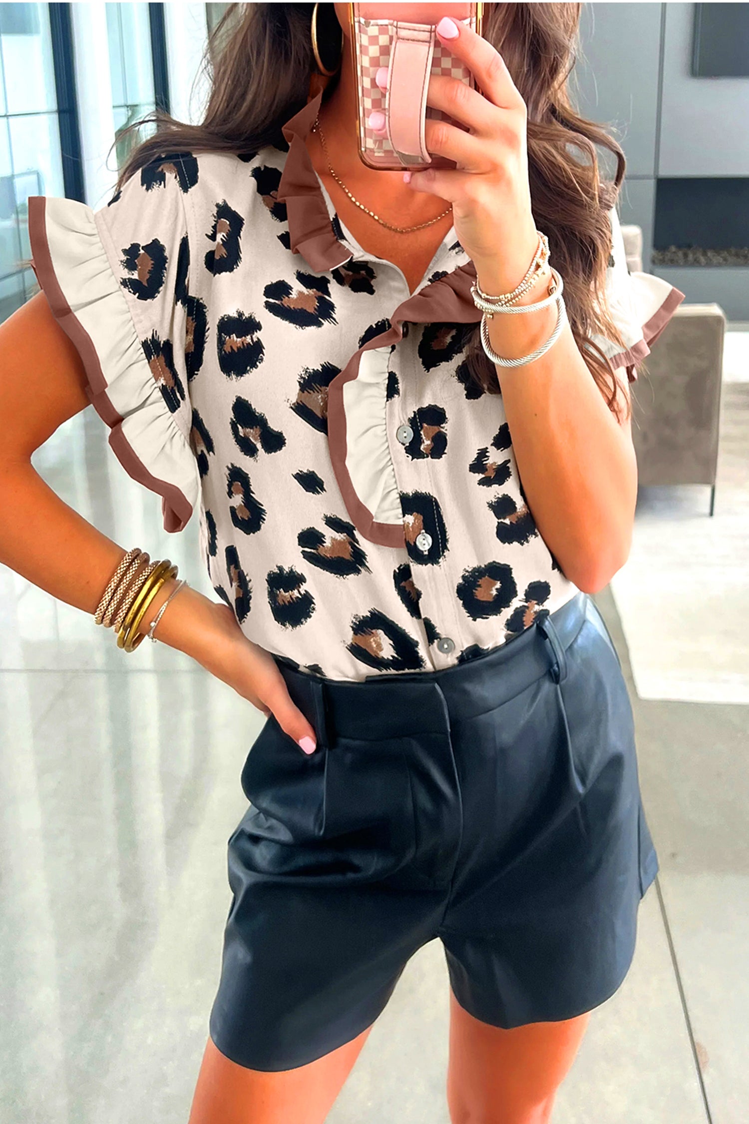 Khaki Leopard Printed Ruffle Sleeve Summer Blouse