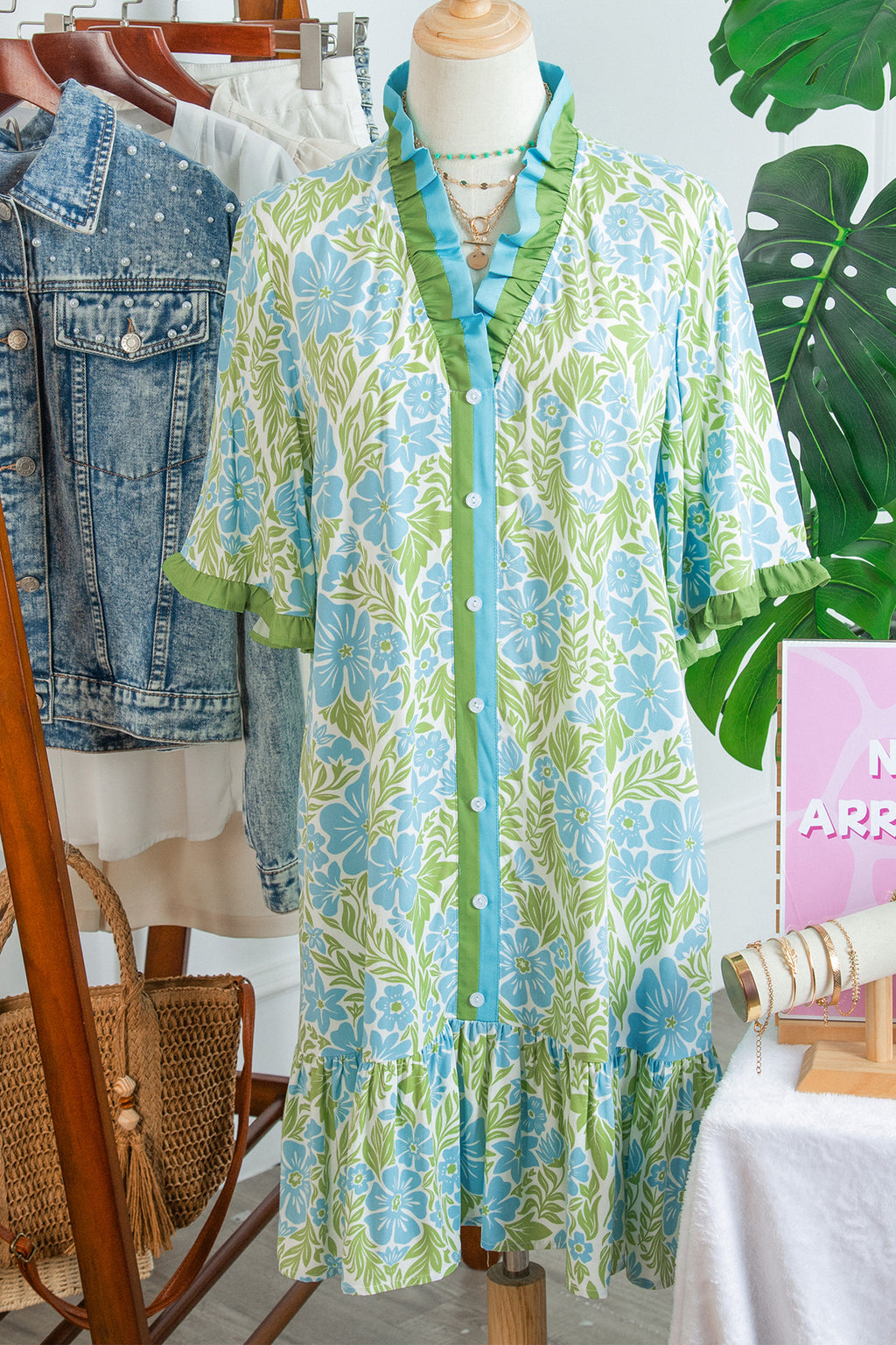 Sky Blue Botanical Floral Print Frilled Trim V Neck Button Front Loose Dress
