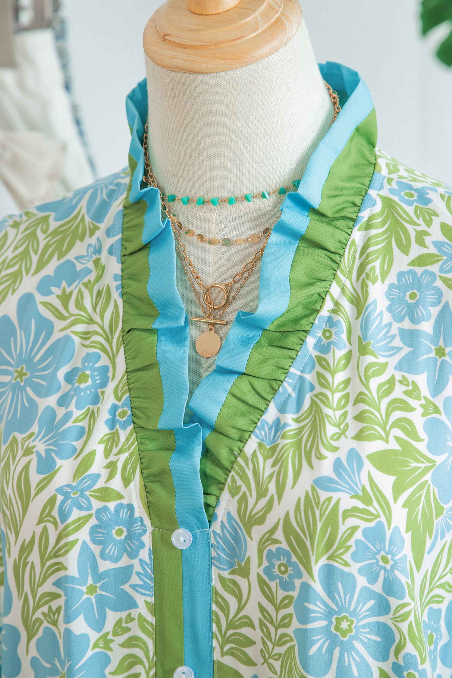 Sky Blue Botanical Floral Print Frilled Trim V Neck Button Front Loose Dress