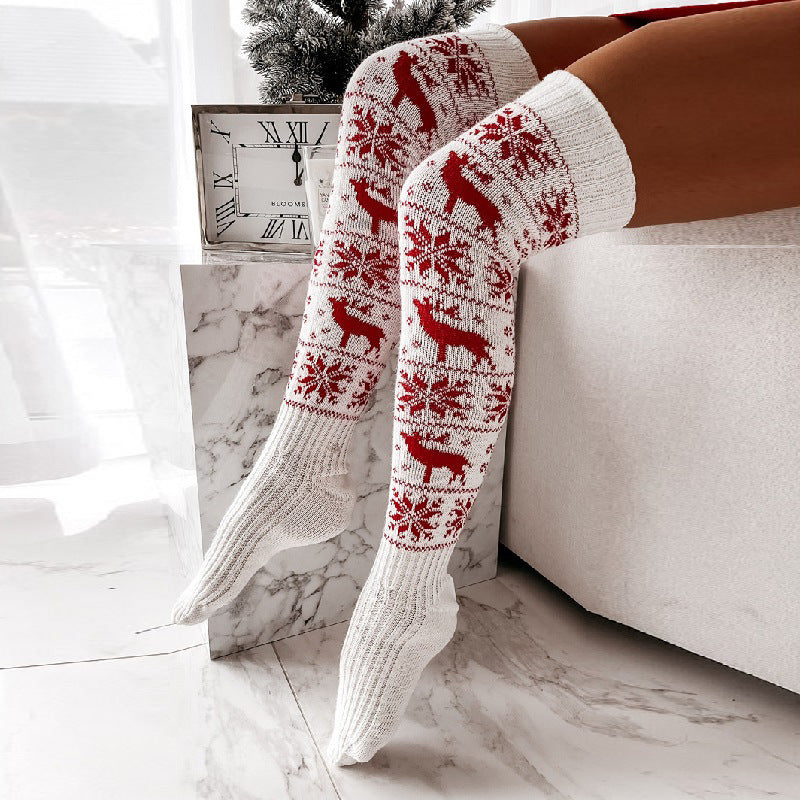 Winter Christmas Warm Knitted Beautiful Elk Snowflake Jacquard Over-the-Knee Casual Long Socks