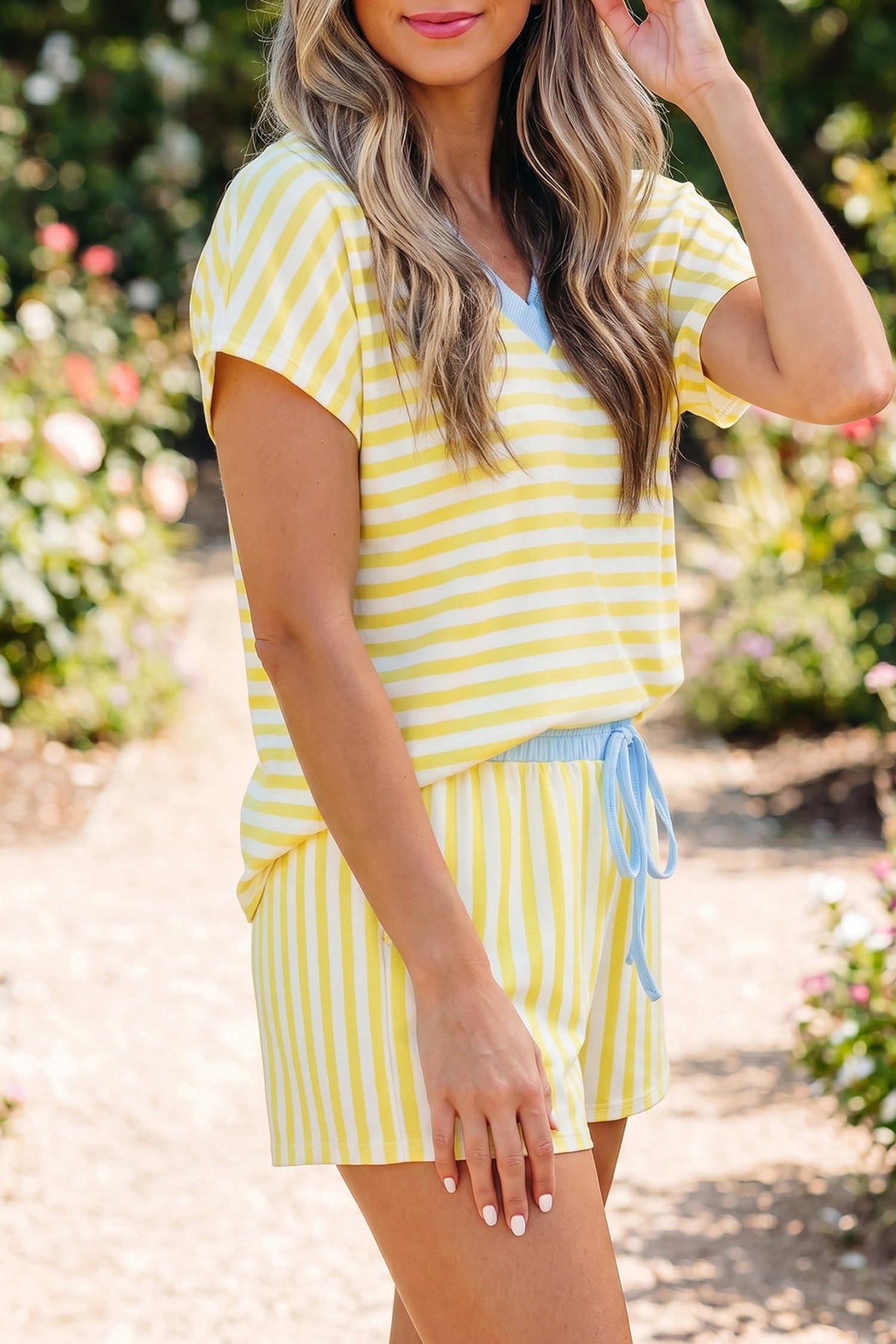 Pink Stripe Colorblock Trim V Neck Tee Drawstring Elastic Waist Short Set
