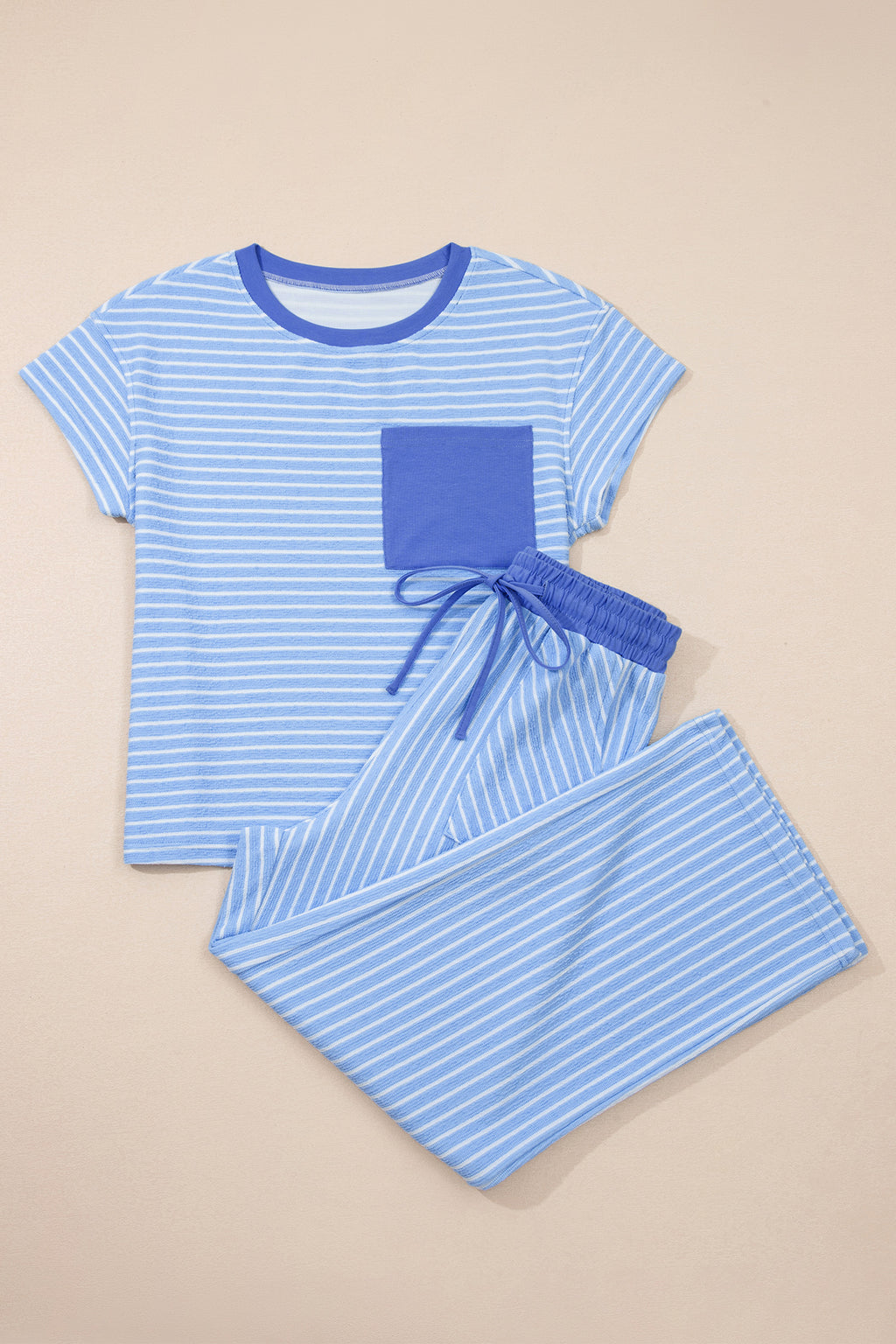 Sky Blue Stripe Crew Neck Tee Drawstring Waist Cropped Pants Set