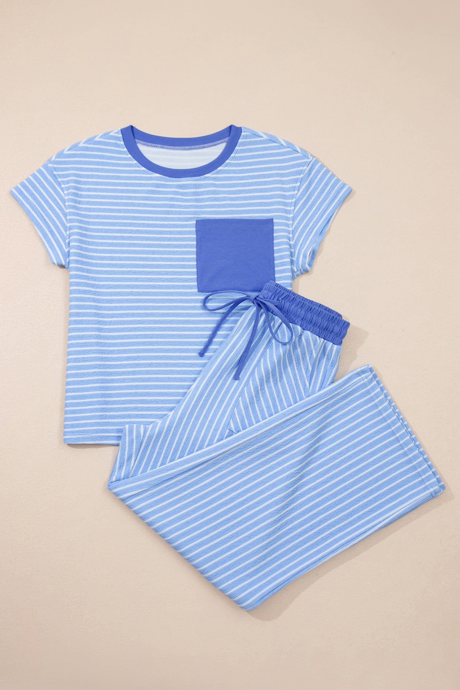 Sky Blue Stripe Crew Neck Tee Drawstring Waist Cropped Pants Set