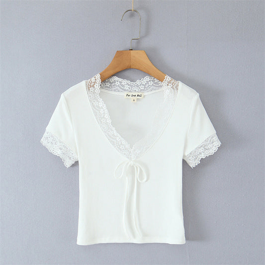 Lace V-neck Slim Knit Small Top