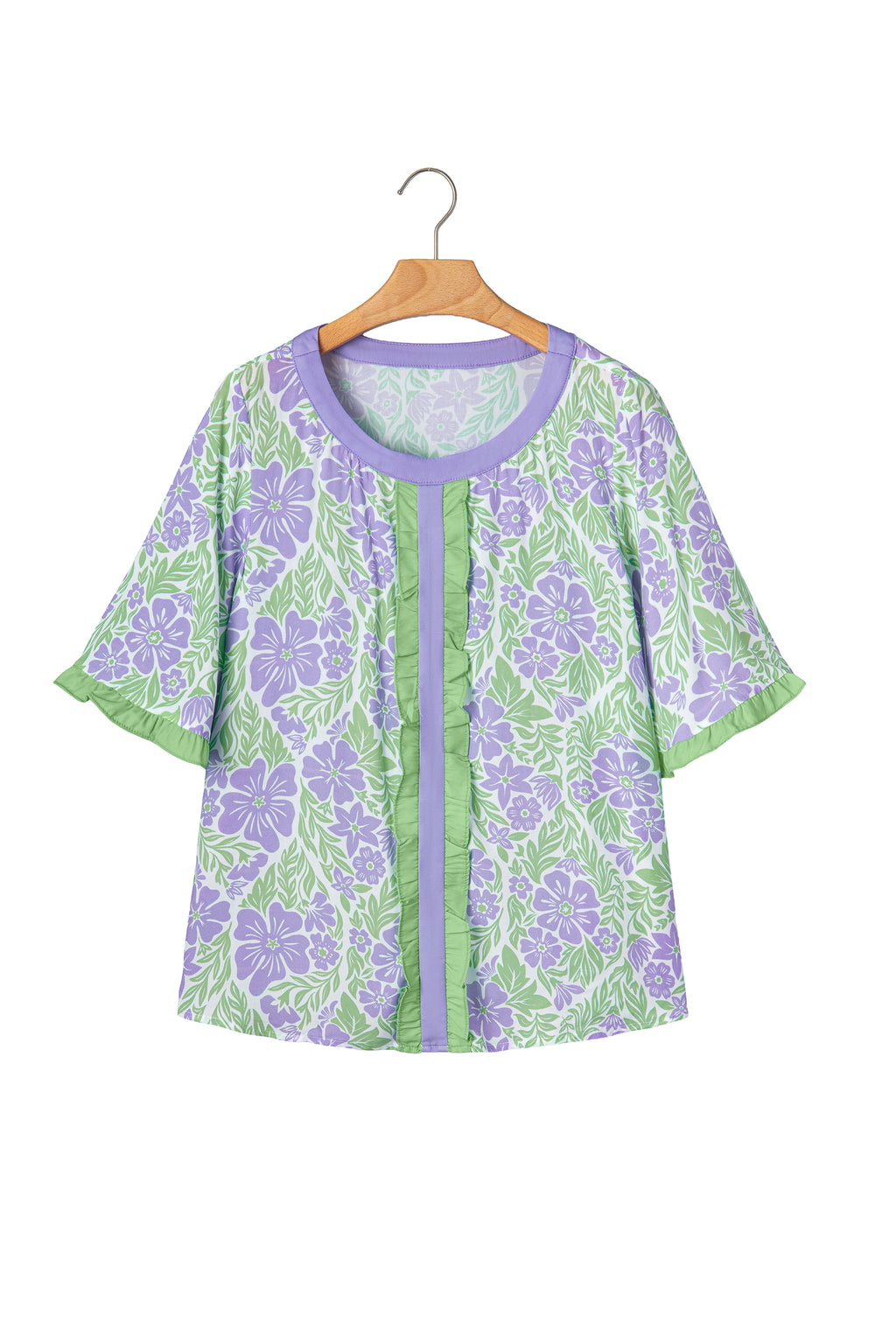 Purple Floral Print Ruffled Color Block Trim Half Sleeve Blouse