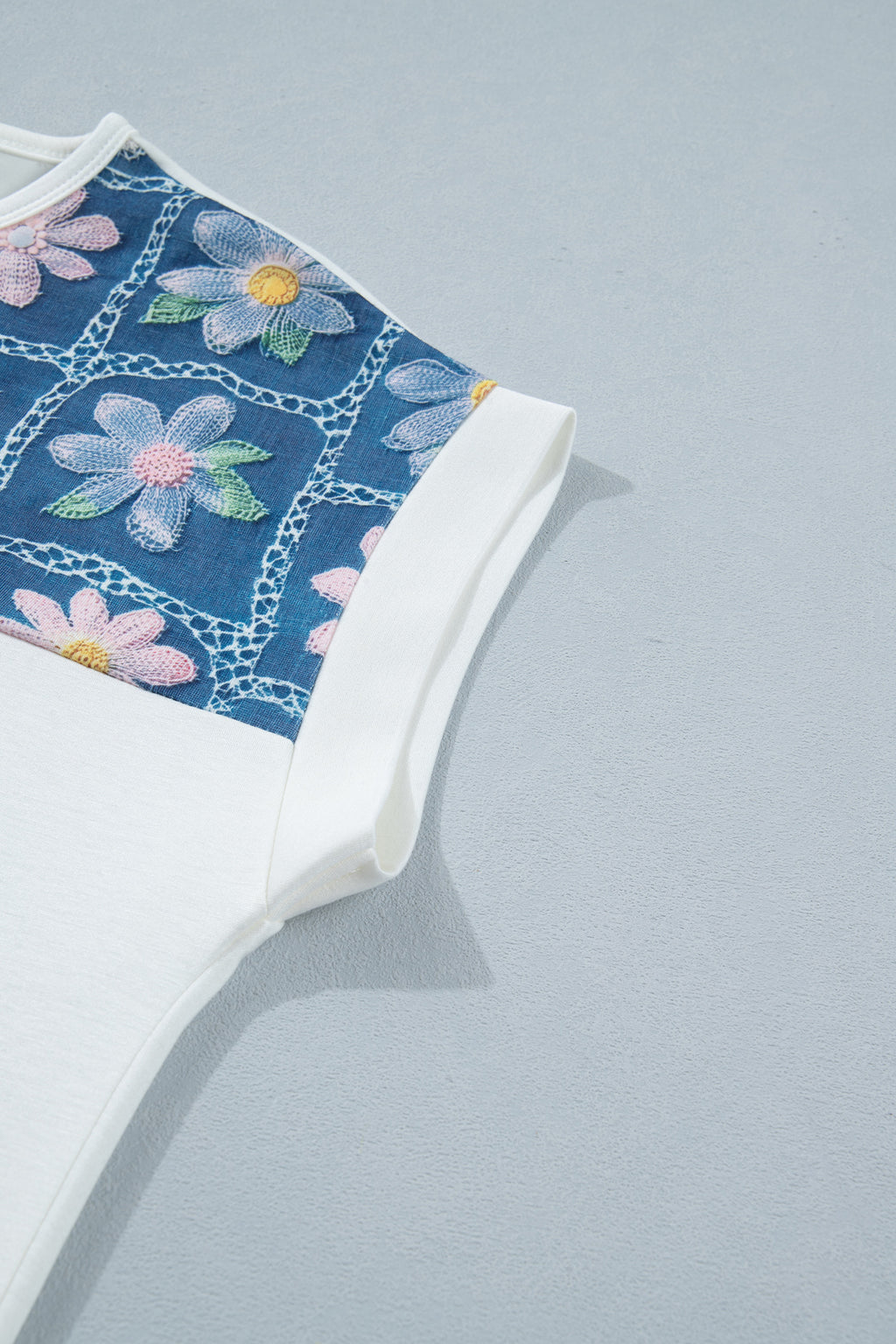 White Floral Patchwork Short Sleeve Viscose Blend Blouse