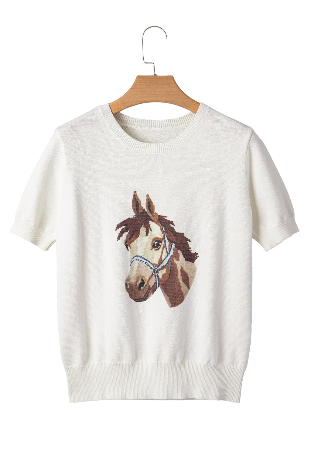 White Wild West Horse Head Printed Short Sleeve Sweater