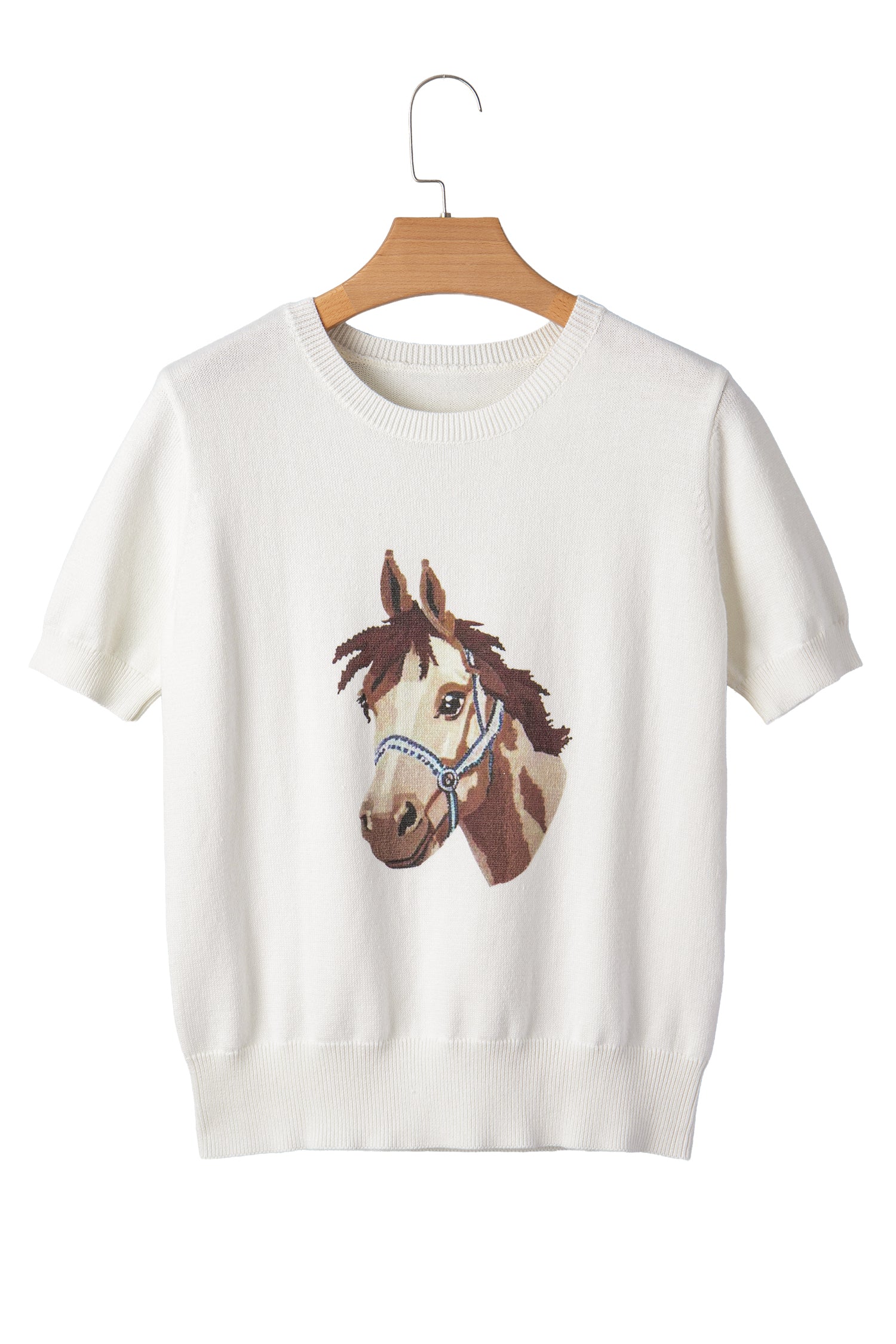 White Wild West Horse Head Printed Short Sleeve Sweater