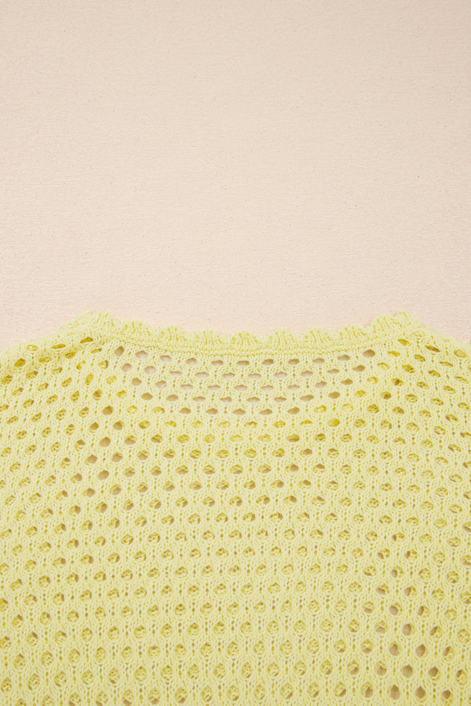 Yellow Cream Scalloped Trim Hollow Out Knit Long Sleeve Top