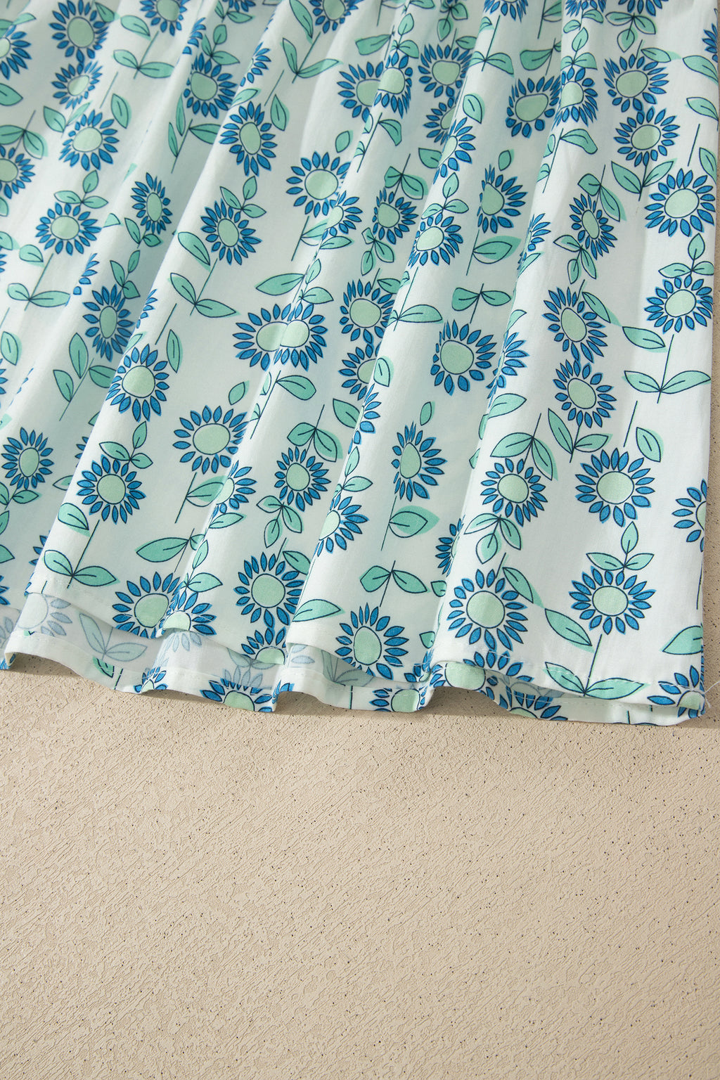 Green Sunflower Printed Contrast Trim V Neck Flutter Sleeve Blouse