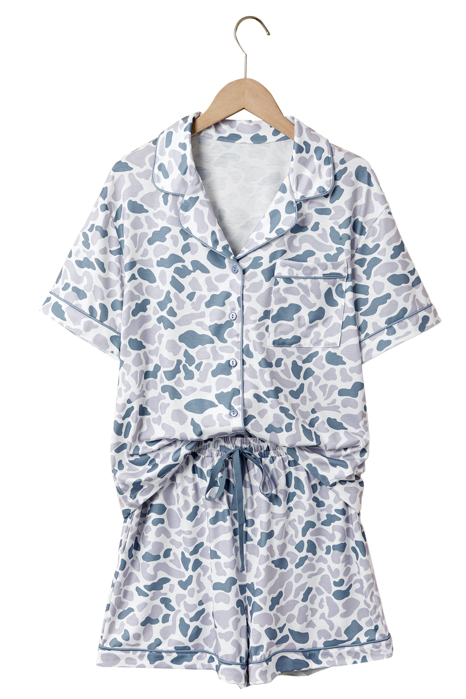 Beige Camouflage Print Lapel Shirt Drawstring 2pcs Short Pajama Set