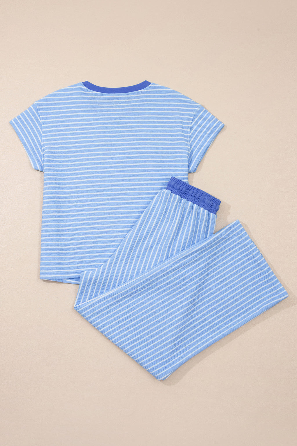 Sky Blue Stripe Crew Neck Tee Drawstring Waist Cropped Pants Set