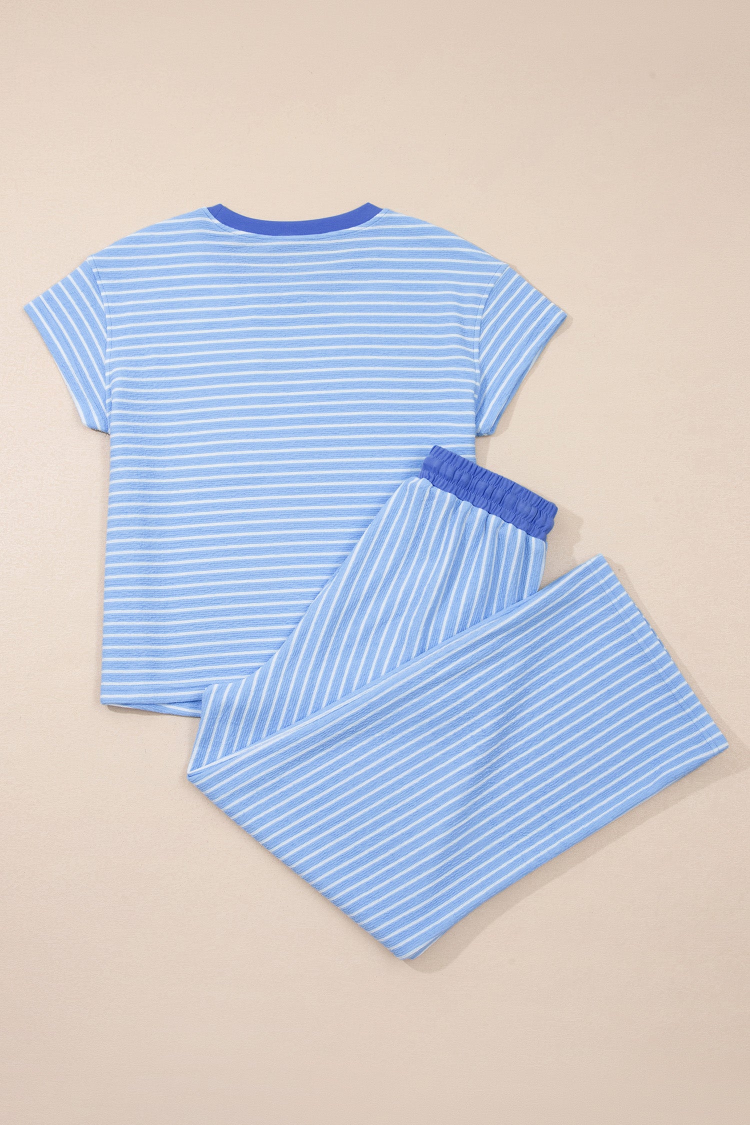 Sky Blue Stripe Crew Neck Tee Drawstring Waist Cropped Pants Set