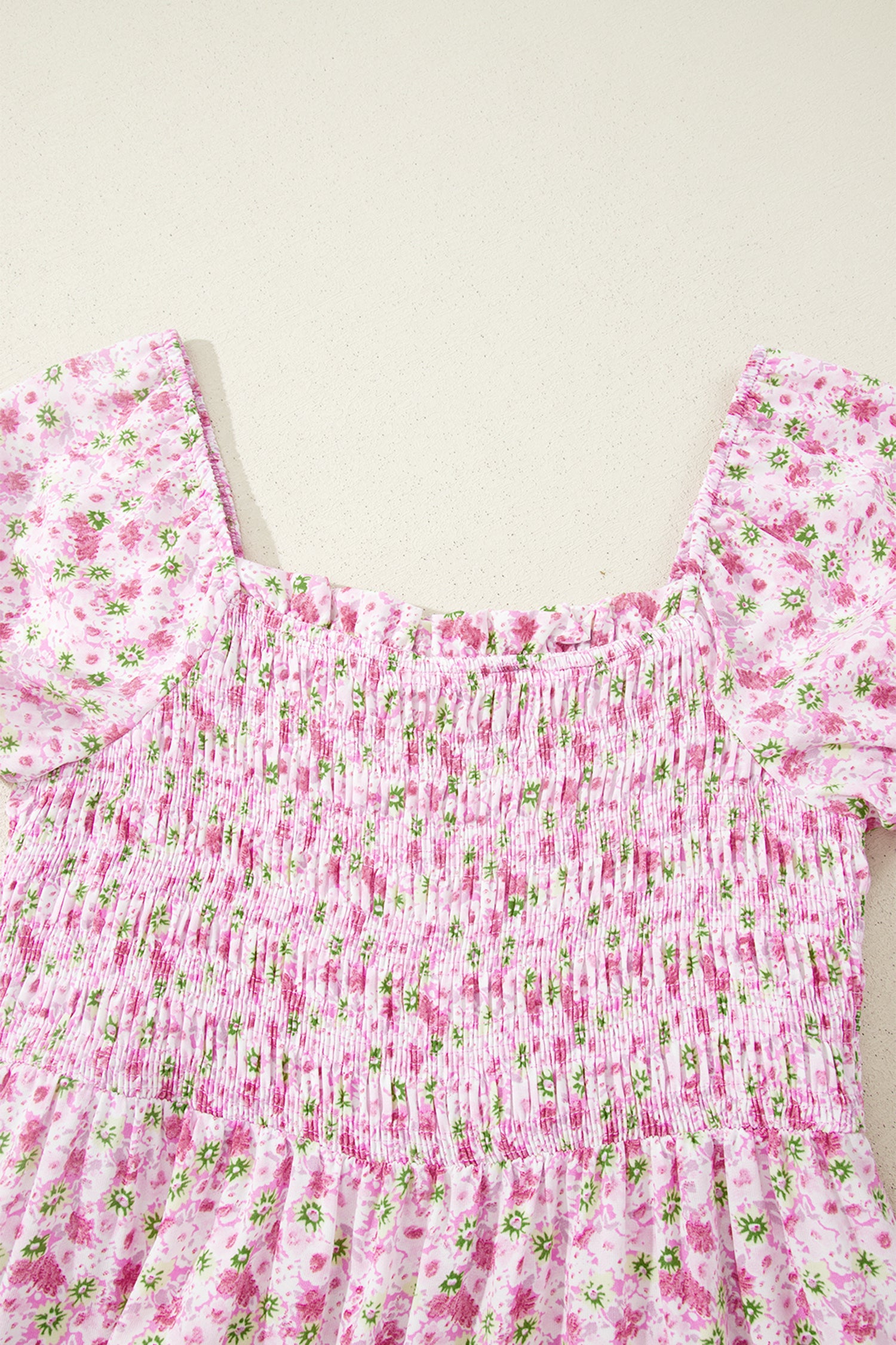 Pink Floral Short Bubble Sleeve Shirred High Waist Maxi Dress